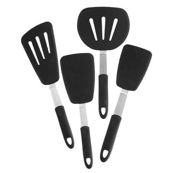 亚马逊硅胶厨具4件套 烹饪厨具硅胶手柄弹簧锅铲牛排漏铲厨房用具