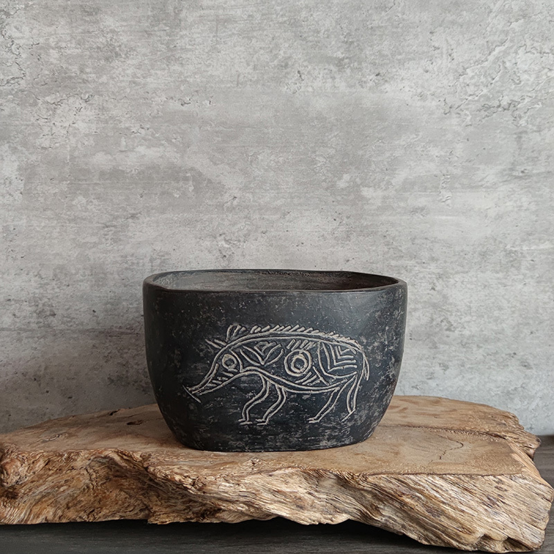 Zhejiang Hemudu Culture Pig Pattern Pottery Bowl Antique Black Pottery Pot Crafts Ornaments Teaching Tools Fire-Fired Real Pottery