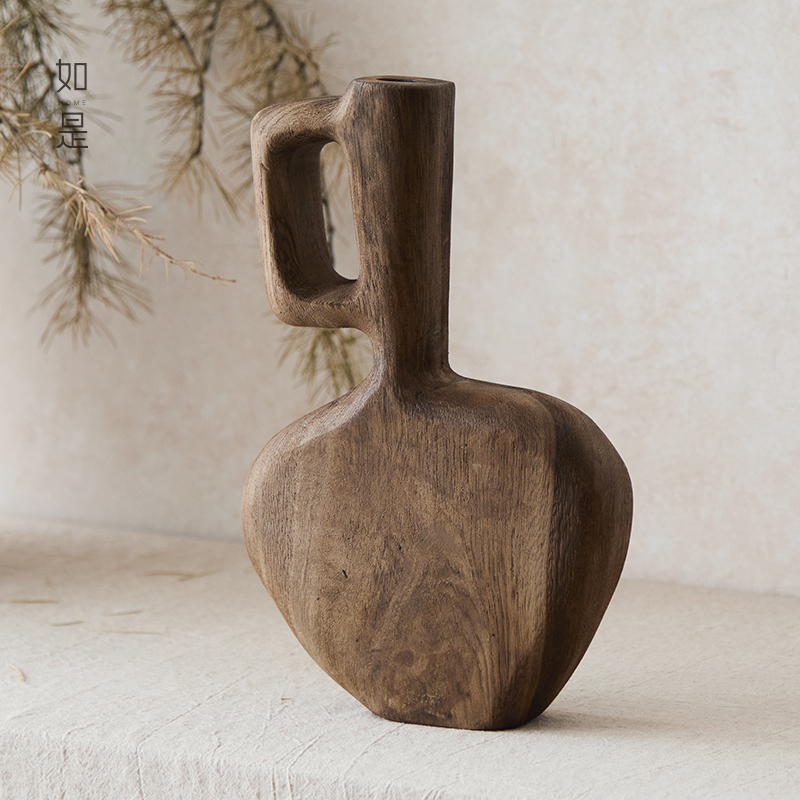 Rushe/Wabi-Sabi Style Vintage Vase Decoration for Guesthouses, Hotels, Restaurants, Living Rooms, Creative Decorations, Distressed Solid Wood