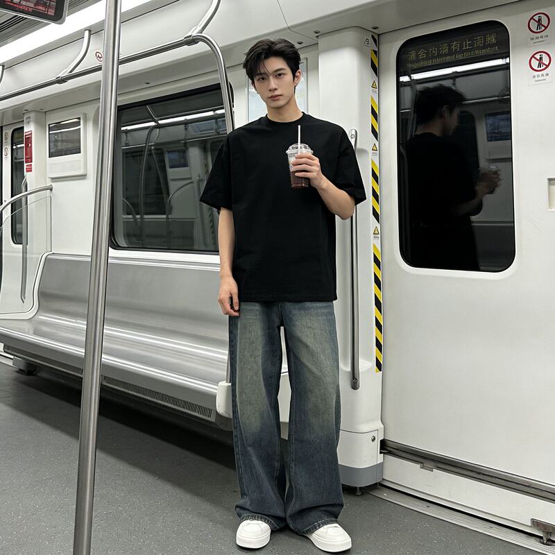 Black Short-Sleeved Men's T-Shirt, 300g Heavyweight Pure Cotton, Solid Color, Non-Transparent, Basic, Comfortable for Commuting, Loose-Fitting Top