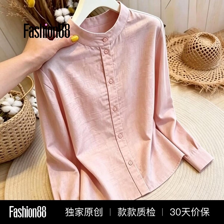Early Autumn New Style Simple Solid Color Casual Long-Sleeve Shirt for Women, Stylish and Slimming, Versatile and Elegant Design with a Stand-Up Collar