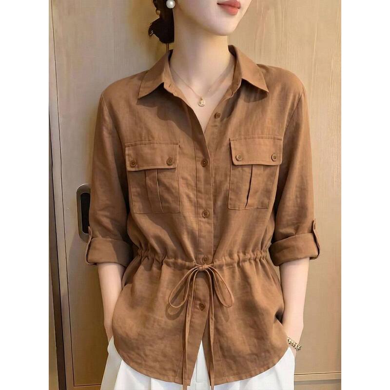 Elegant Workwear Style Three-Quarter Sleeve Collared Tie Shirt for Women, 2026 Summer Long-Sleeve Waist-Cinching Slim-Fit Shirt Elegant Workwear Style Three-Quarter Sleeve Collared Tie Shirt for Women, 2026 Summer Long-Sleeve Waist-Cinching Slim-Fit Shirt