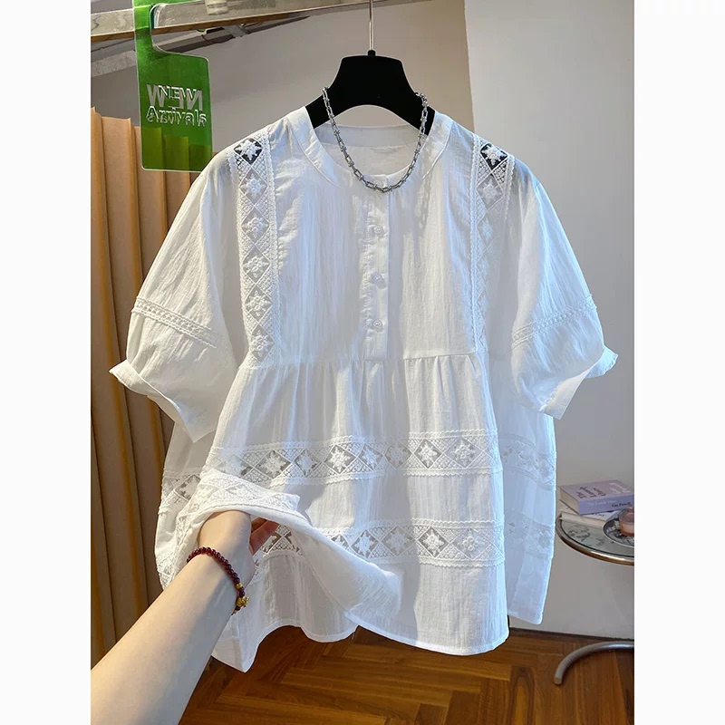 High-End Lace Hollow-Out White Chiffon Shirt for Women 2026 Short-Sleeve Loose Versatile Slimming Lace Blouse High-End Lace Hollow-Out White Chiffon Shirt for Women 2026 Short-Sleeve Loose Versatile Slimming Lace Blouse