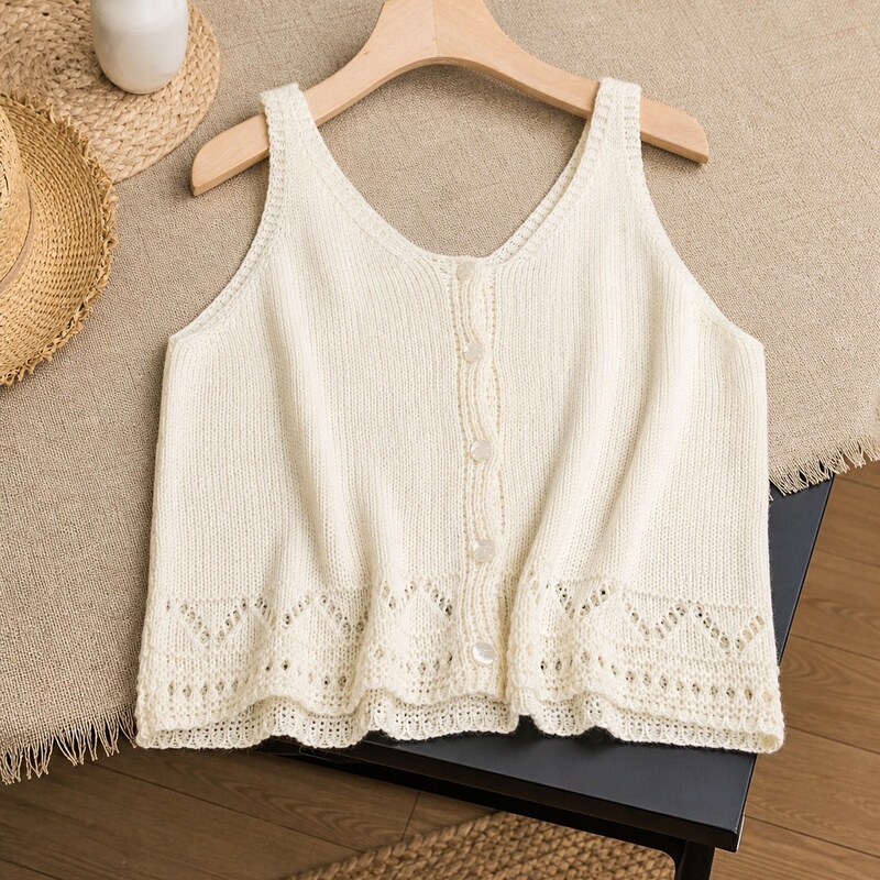 Knitted Vest for Women 2026 Autumn Short Style Off-White Round Neck Sleeveless Hollow-Out Loose Thin Sweet Japanese Style Outerwear
