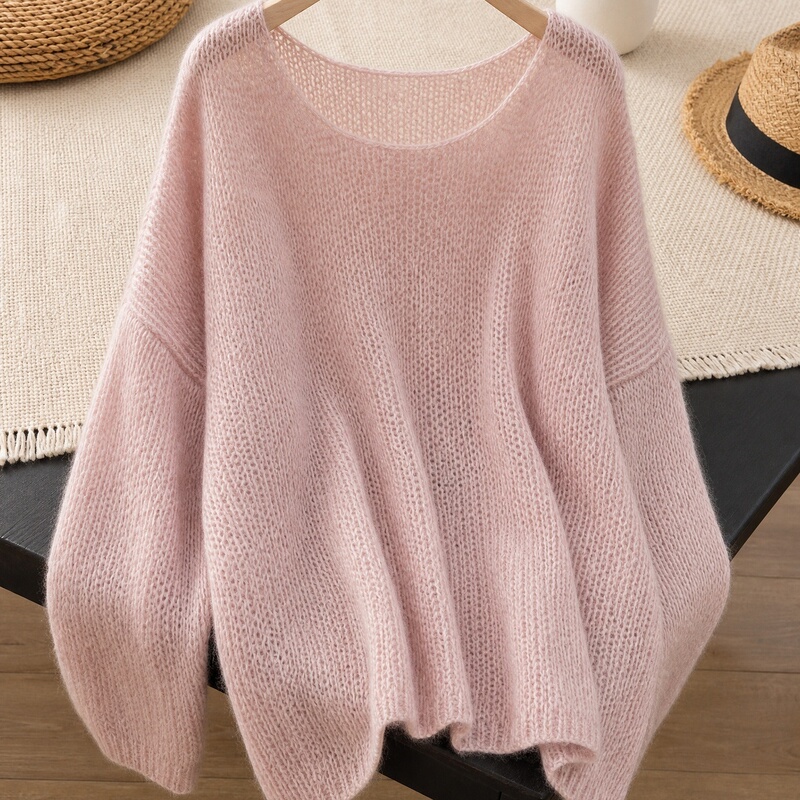 Women's Pullover Sweater 2026 Autumn Pink Round Neck Long Sleeve Hollow-Out Loose Soft Lazy Style Top Women's Pullover Sweater 2026 Autumn Pink Round Neck Long Sleeve Hollow-Out Loose Soft Lazy Style Top