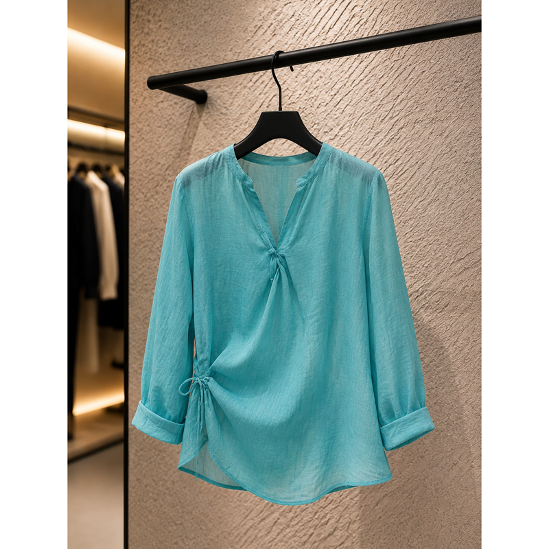 Summer 2026 New Korean-Style Lake Blue Long-Sleeve Thin Shirt for Women, Designed with a High-End Feel and New Chinese-Style Elegance