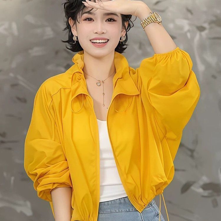 Fashionable Yellow Sun Protection Clothing for Women, Summer Lightweight Breathable Drawstring Short Jacket, Versatile Top Fashionable Yellow Sun Protection Clothing for Women, Summer Lightweight Breathable Drawstring Short Jacket, Versatile Top