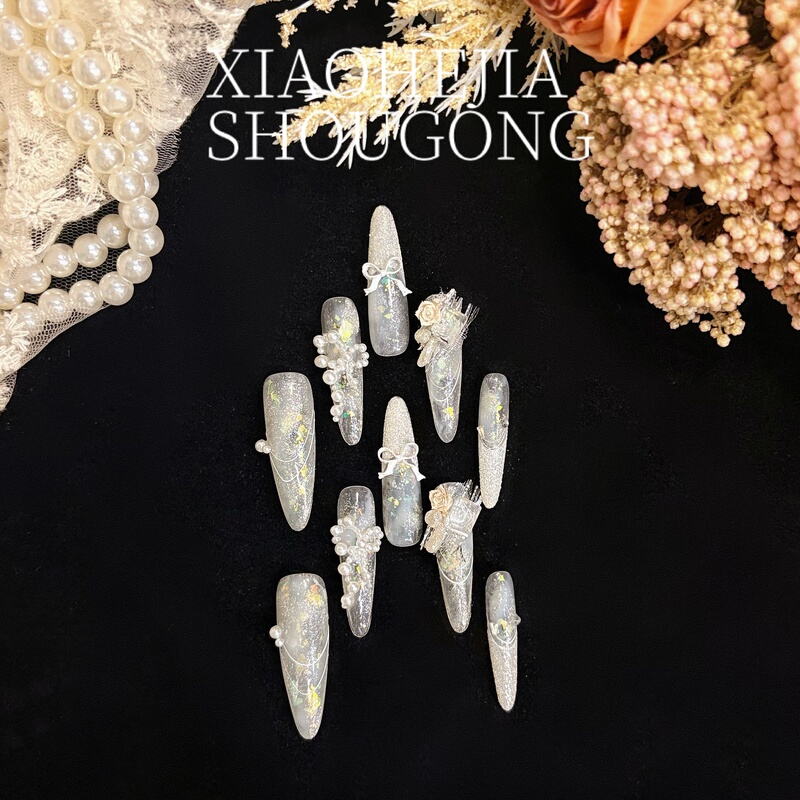 【Xiao He's Shop】Purely Handmade High-End Wedding Nail Art for Bridal Photoshoots, Bridal Nails with a Luxurious Feel, 2026 New Model