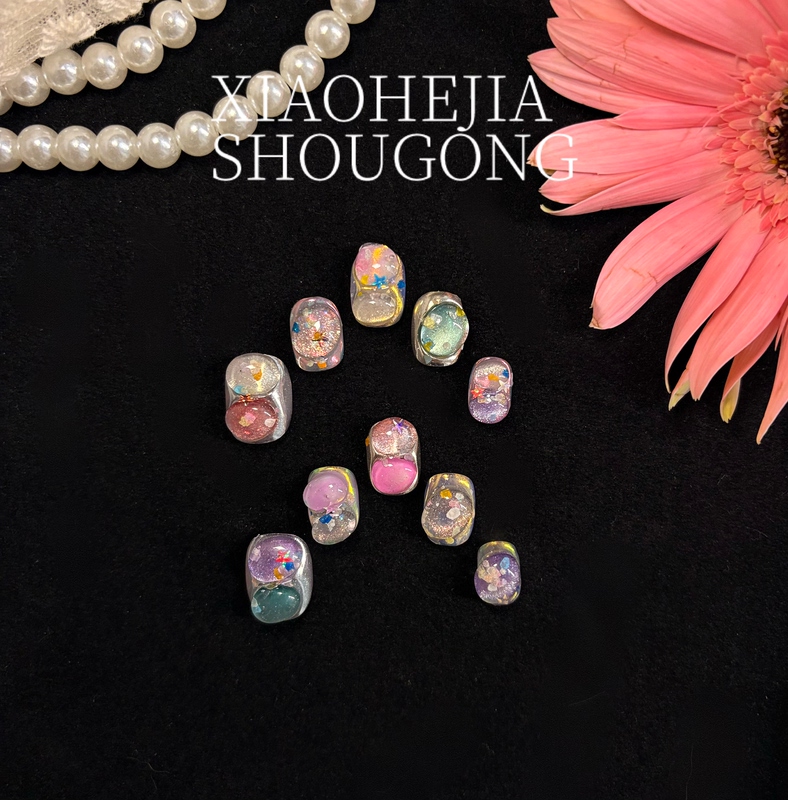 【Xiao He's Home】Handmade Heavy Craft Cat's Eye Baamin Style Short Wearable Nails Short Nails Bead Nails Ice Cube Manicure