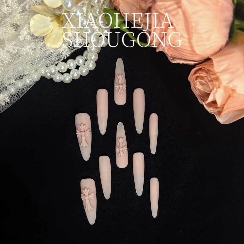 【Xiao He's Shop】Purely Handmade Nude Matte Wearable Nails Long Style Heavy Cross Design Chrome Heart Nail Art New Style