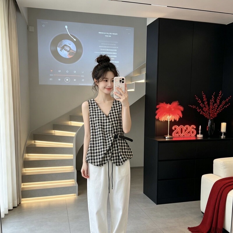 French-Style Retro Plaid Pattern 2026 Summer New Side-Tie Waist-Slimming Sleeveless Vest Shirt Hot Item