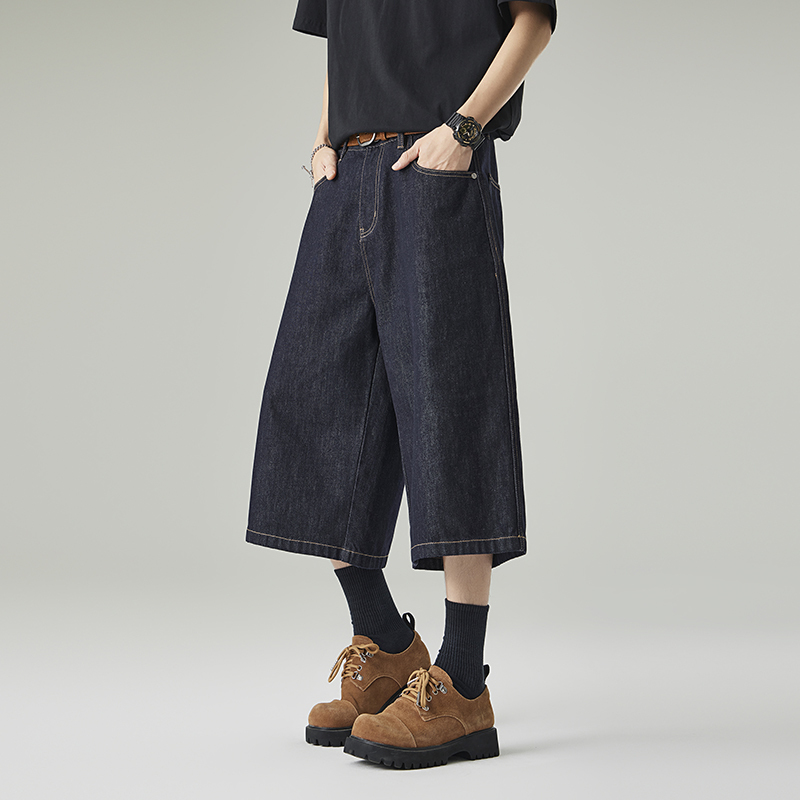 It: Chocoolate Denim Wide-Leg Cropped Jeans for Men, Summer Thin Loose Casual Straight-Leg Shorts