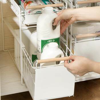Kitchen storage rack sink pool seasoning dish rack without punching pull-up floor storage cabinet layered basket