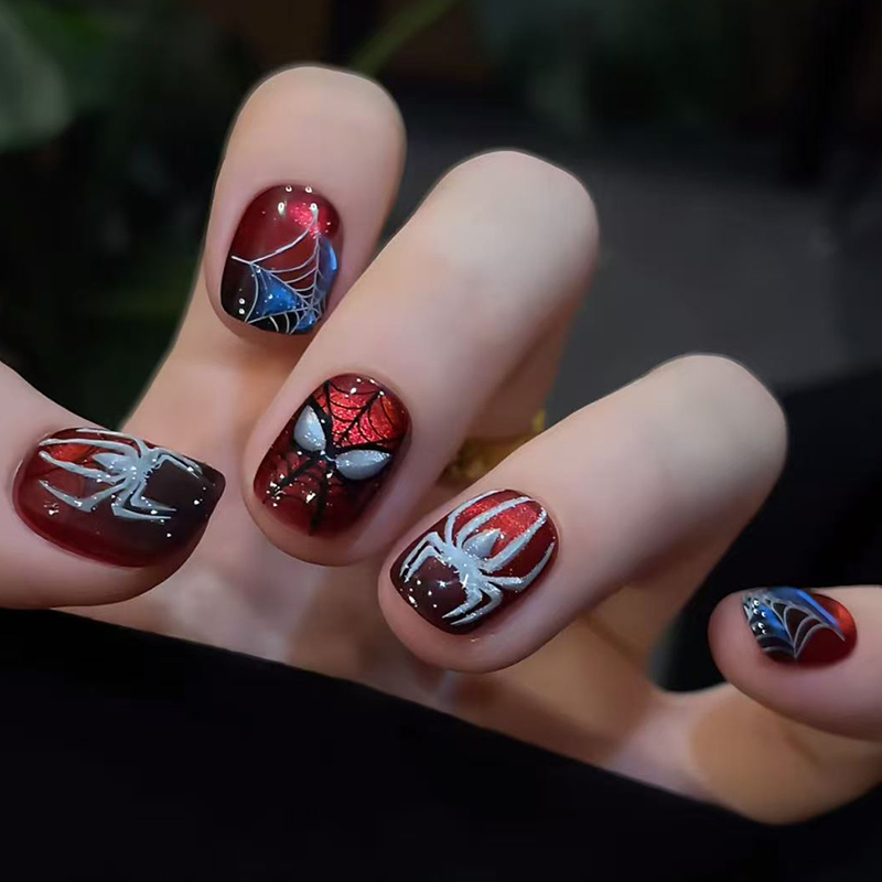 2026 New Style Sweet and Cool Glowing Handmade Wearable Nails Hand-Painted Spider Monster Cat Eye Brightening Short Nail Art