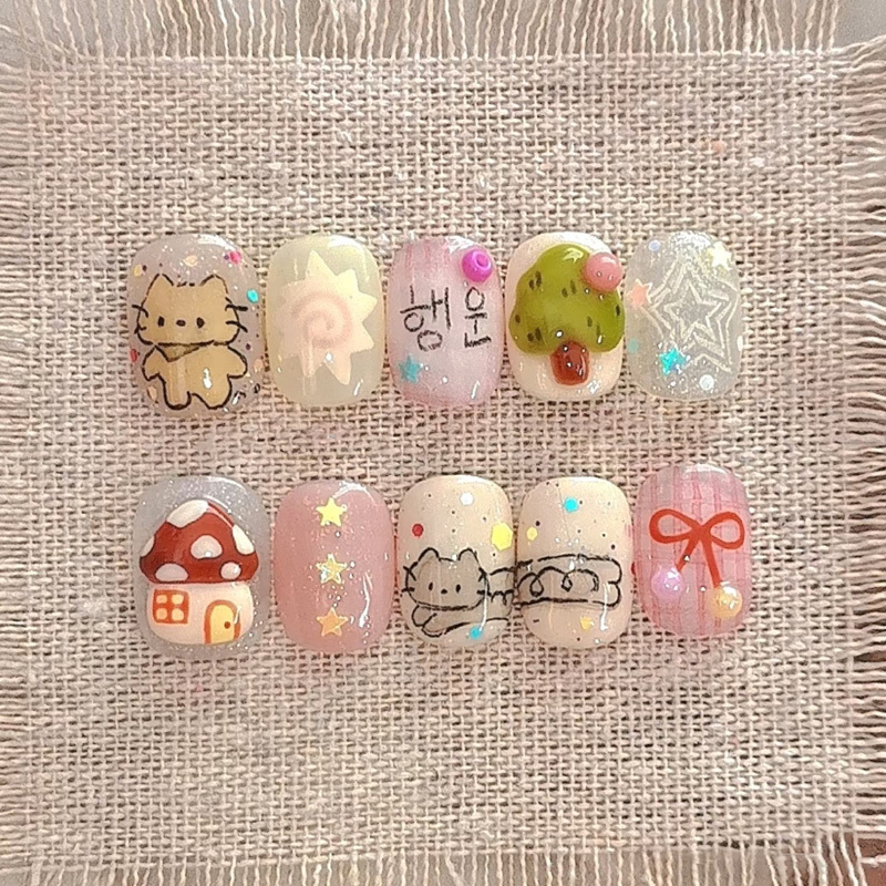 Spring Colorful Handmade Short Nails Dopamine Watercolor Cute Cat Nail Art Hand-Painted Cartoon ins Style Spring Colorful Handmade Short Nails Dopamine Watercolor Cute Cat Nail Art Hand-Painted Cartoon ins Style