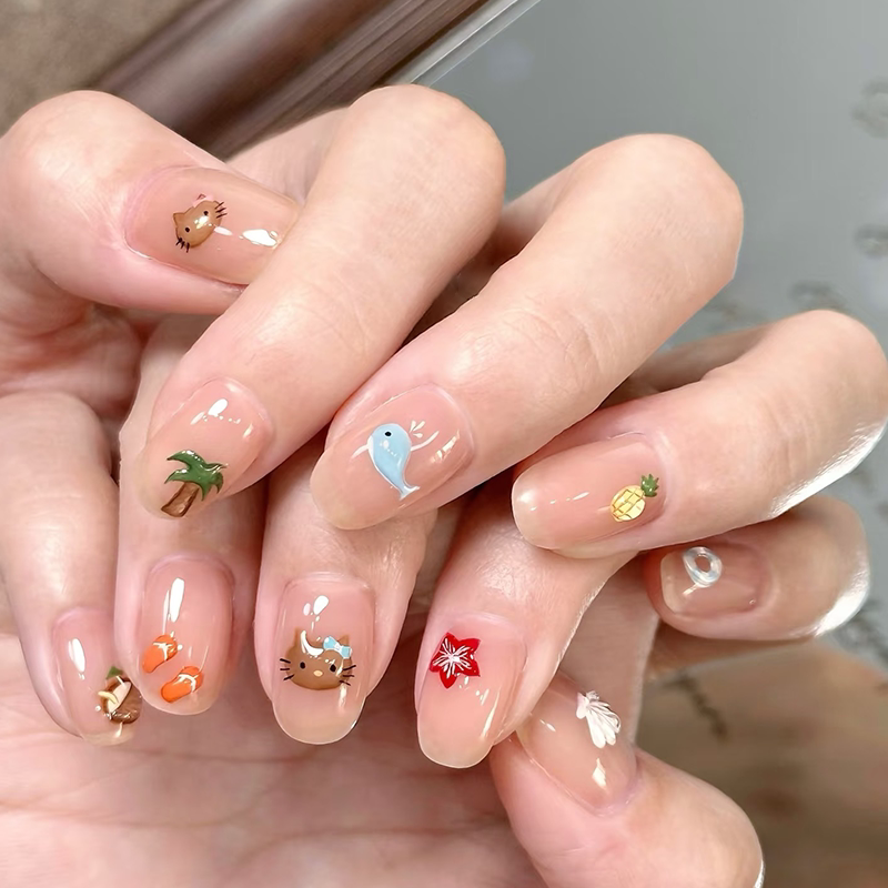 Summer Island Style Handmade Wearable Nails, Beachy, Playful, Cute Hawaiian Black Leather Kitty Nail Art ins Style, Makes Skin Look Fairer