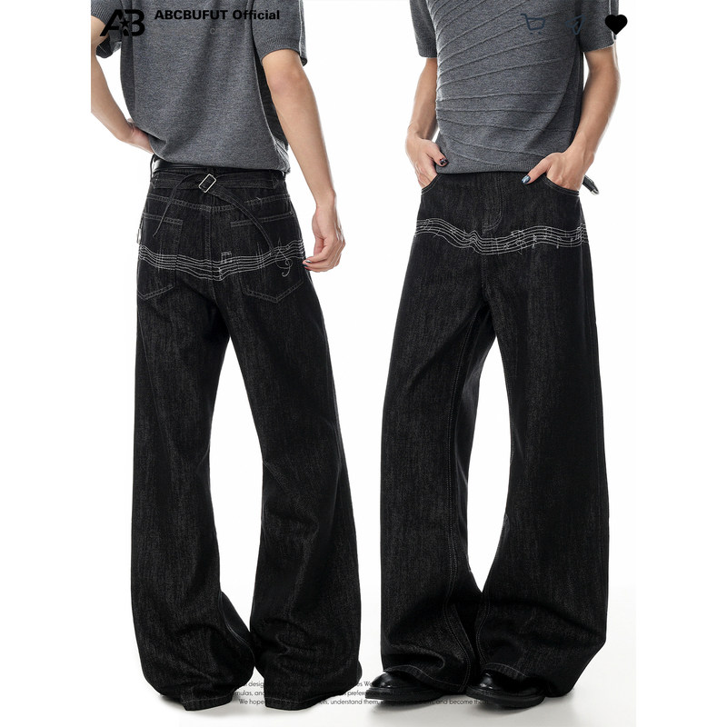 "Musical Note Embroidery" Retro Design Raw Denim Jeans for Men and Women, New Loose Fit Straight Casual Pants