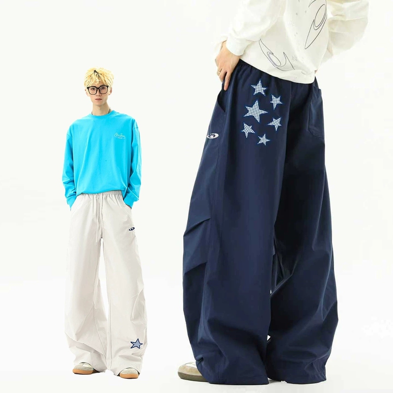 American Street Style 2026 Summer New Loose Lightweight Five-Pointed Star Embroidered Drawstring Parachute Pants Casual Pants for Men