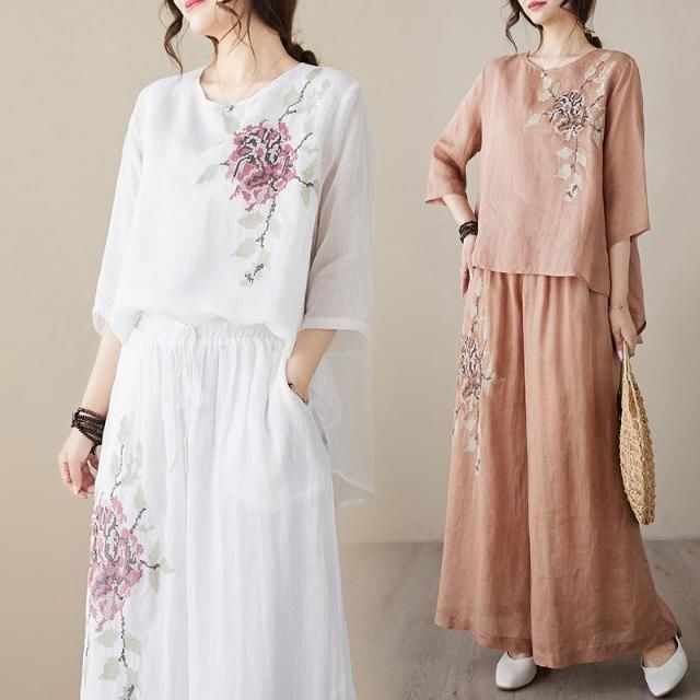 Cotton and Linen Vintage Embroidered Suit for Women 2026 Summer New Chinese Style Lightweight Wide-Leg Pants Slimming Two-Piece Set for Mom