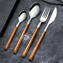 ins Japanese and Korean style Internet celebrity imitation wooden handle stainless steel knife and fork spoon Western food knife and fork four-piece coffee spoon gift set
