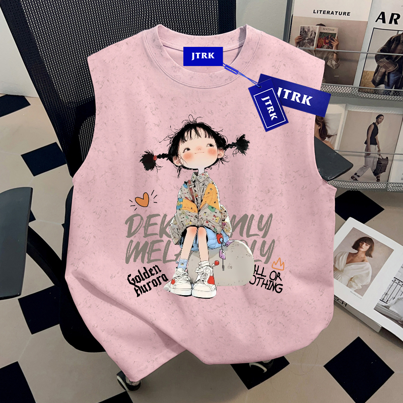 American Style Summer 100% Pure Cotton ins Unisex Couple Outfit Fun Print T-Shirt Batik Pink Sleeveless Vest