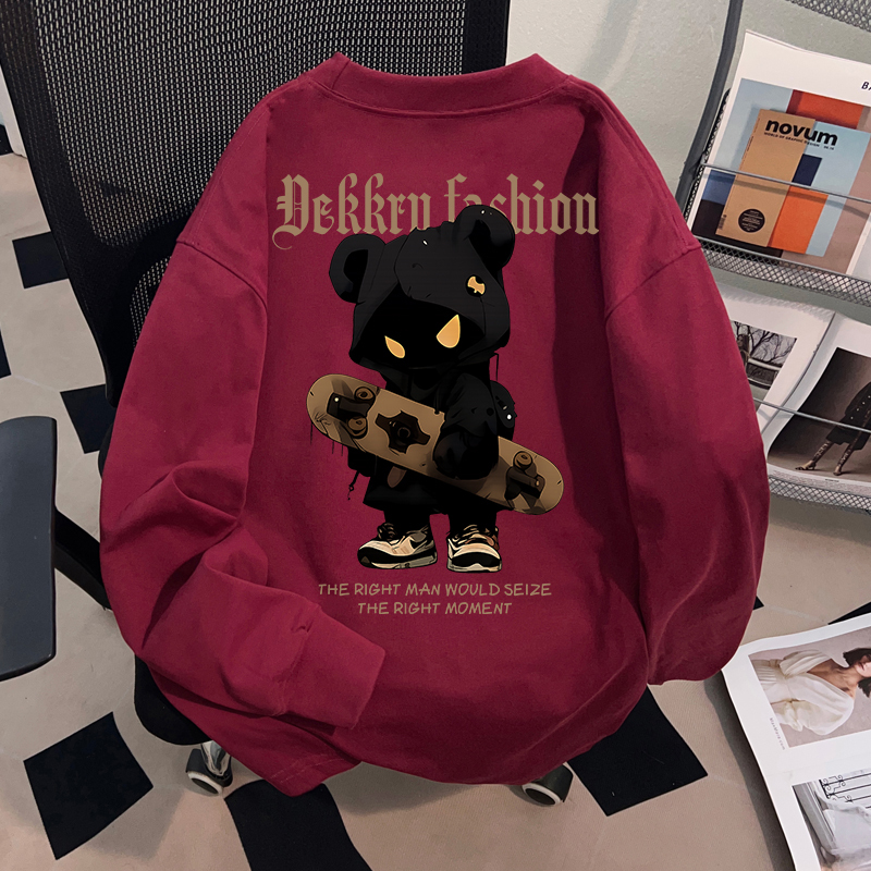 American-Style Creative 100% Pure Cotton Burgundy T-Shirt with Cartoon Print, Autumn Casual Long-Sleeve Top for Men and Women, Couple Wear ins American-Style Creative 100% Pure Cotton Burgundy T-Shirt with Cartoon Print, Autumn Casual Long-Sleeve Top for Men and Women, Couple Wear ins