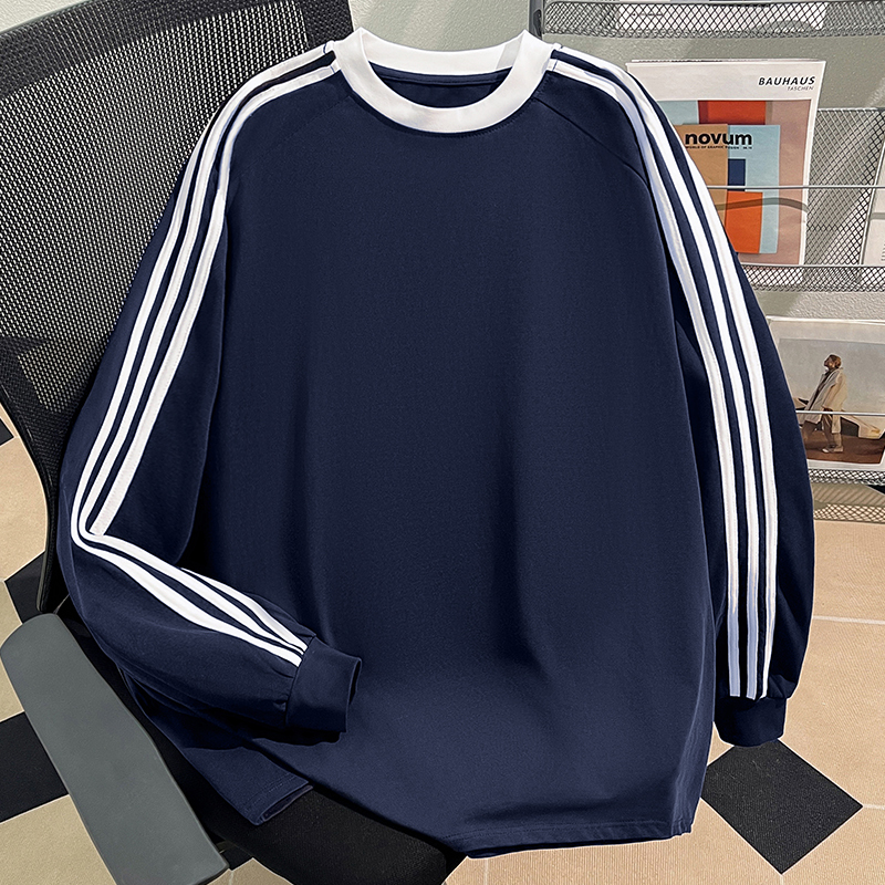 American-Style Pure Cotton Oversize Crew Neck T-Shirt for Men and Women, Spring and Autumn, Navy Blue Solid Color Trendy Brand Three-Stripe Long-Sleeve Top
