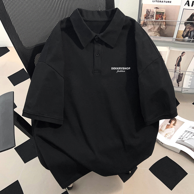 American-Style Design Pure Cotton Short-Sleeve Simple and Fashionable Letter Summer Unisex Top Versatile Polo Shirt Black T-Shirt