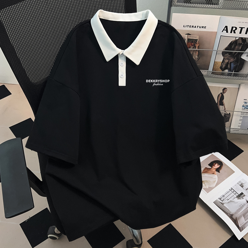 Fashionable American Design Pure Cotton Short-Sleeved Letter T-Shirt Summer Tops for Men and Women Color Matching ins White and Black Lapel Polo Shirt