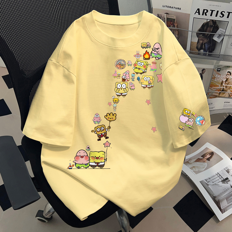 American Style ins Design Printed 100% Cotton Short-Sleeved Summer T-Shirt for Men and Women, Couple Wear, Cream Yellow Half-Sleeved Top