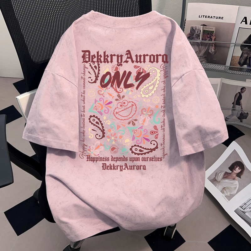 American-Style Niche Letter Print Summer ins Pink Batik Pure Cotton Short-Sleeve Unisex Couple T-Shirt Top