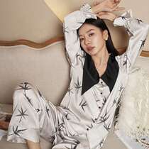 Jiangnan Wo 2023 Spring Summer Black Big Turnover Collar Bamboo Leaves Long Sleeves Long Pants Ice Silk Sleepwear Womens Home Suit Suit