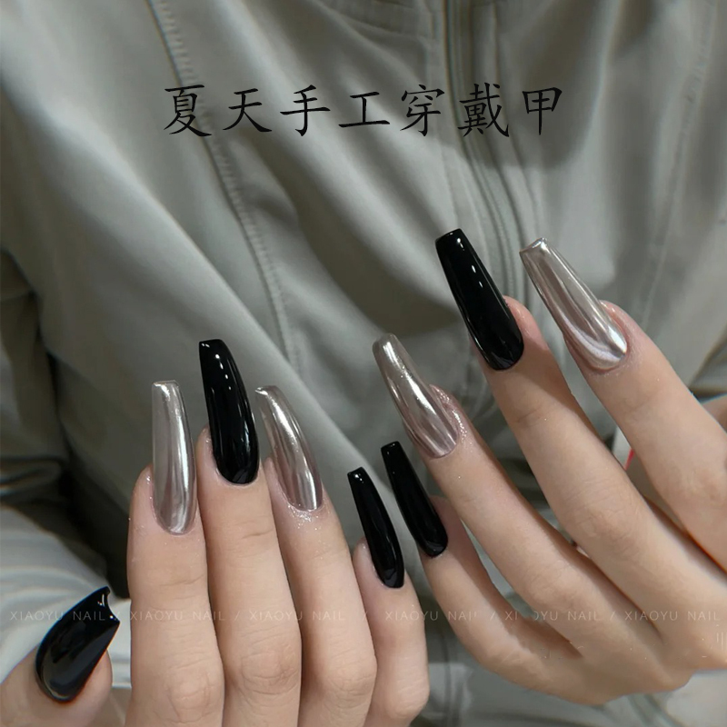 Purely Handmade Wearable Nails, Technology-Sense Silver and Black Manicure, Personalized European and American Super Cool Manicure Patches, Sexy Fake Nail Patches