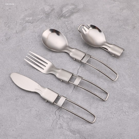 Outdoor tableware camping picnic folding fork and spoon set camping stainless steel three-fold salad spoon fork telescopic spoon