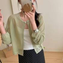 Xia Shangxin round neck Korean style solid color design single button loose slub linen sweater long sleeve womens sun protection shirt