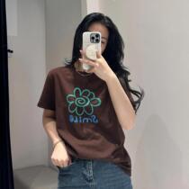 24 spring and summer new designer hand-painted flower round neck T-shirt womens casual loose short-sleeved cotton T 24SSTS09
