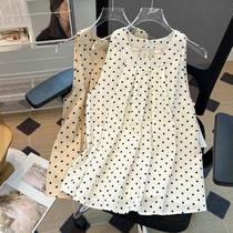 Thirteen lines of polka dot round neck sleeveless off-shoulder vest shirt for women summer new Korean style loose slimming versatile top