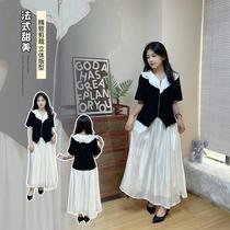 130-320 catties plus size womens French top A-line skirt suit 2024 summer style fat mm navy collar