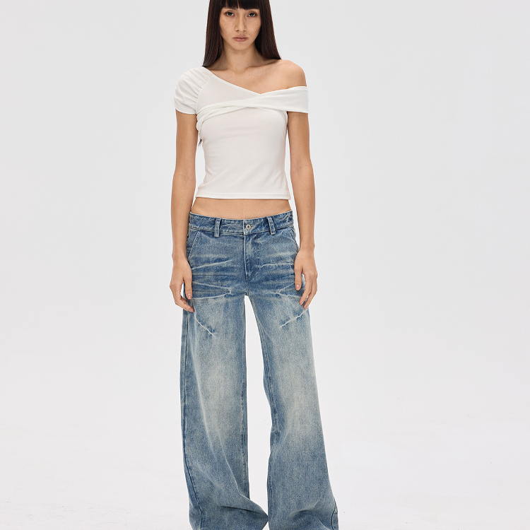 F1Protagonist American Retro Heavy-Duty Washed Straight-Leg Low-Rise Light Blue Casual Jeans