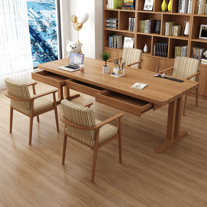Living Room Solid Wood Desk with Drawers, Smart Socket, Multifunctional Table, Study Desk, Writing Desk, Home Office Desk