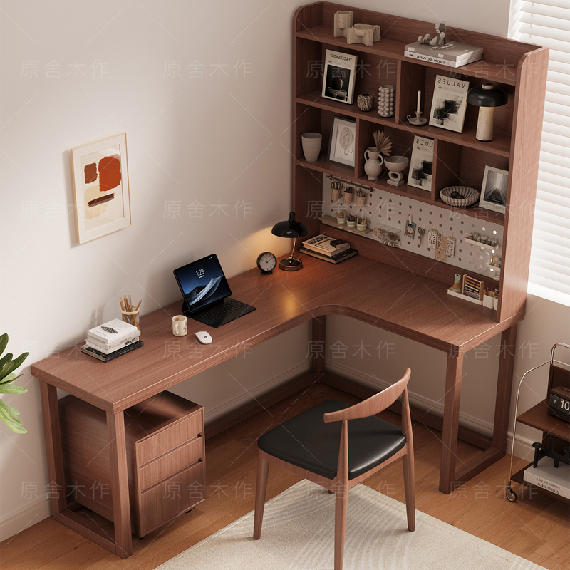 Solid Wood Corner Desk with Integrated Bookshelf for Living Room, Simple Wall-Mounted L-Shaped Pegboard Double Corner Study Desk