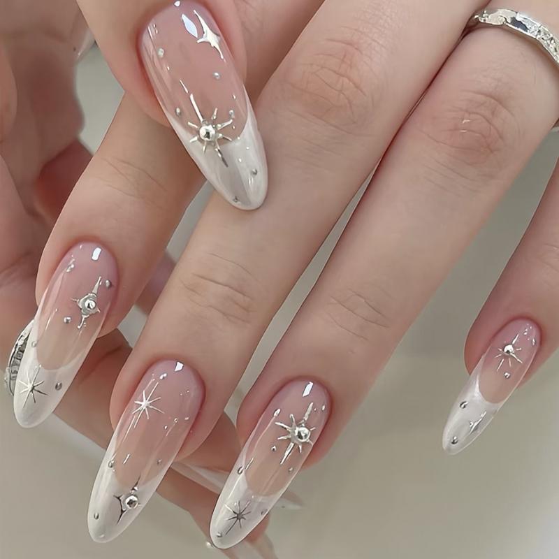 Handmade Starburst French Pearl Finished Nail Art, Whitening High-End Nail Stickers, Gentle and Elegant Manicure, Medium-Length Style Handmade Starburst French Pearl Finished Nail Art, Whitening High-End Nail Stickers, Gentle and Elegant Manicure, Medium-Length Style