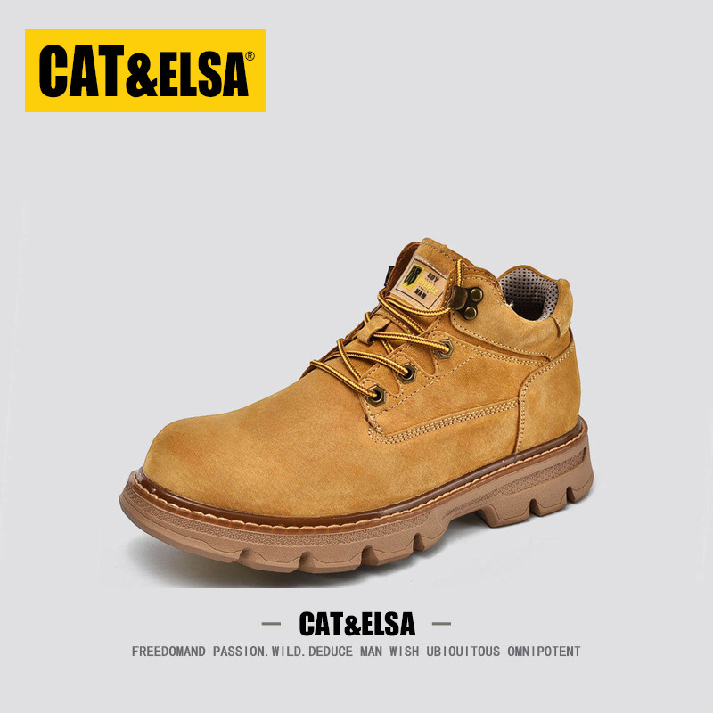 American Cat&Elsa Co-Branded Genuine Leather Martin Boots for Men, Spring American Retro Work Boots, Indestructible Yellow Boots