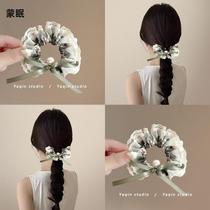 Creamy fresh green embroidered ribbon lace hair tie French pearl ponytail headband large intestine hair accessory