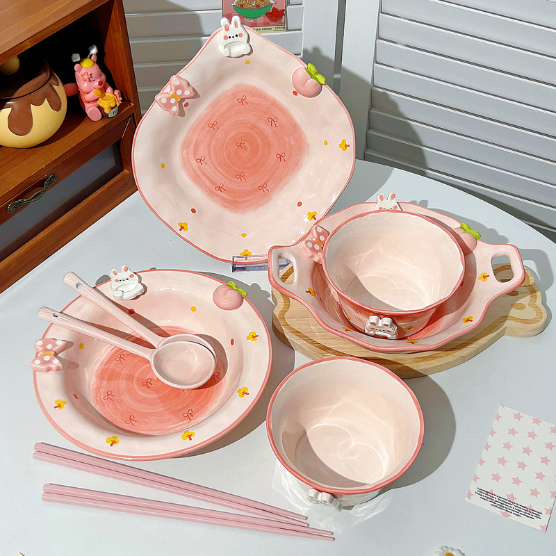 Cute Bowl and Plate Set, Household Bowl and Plate Set, One-Person Dining Set, New High-Value Ceramic Bowl and Chopsticks Set
