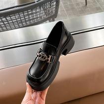 British style genuine leather small leather shoes for women 2024 spring new slip-on thick-soled black versatile loafers