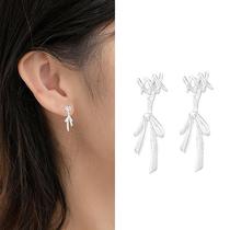 S999 Silver White Ribbon Bow Stud Earrings for Women Korean Style Small Fresh Temperament 2023 New Back-hanging Design