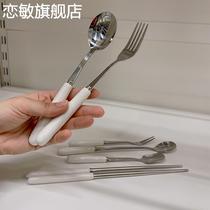 Nordic ins simple ceramic handle spoon white fruit fork household stainless steel large fork eating spoon ice cream shovel