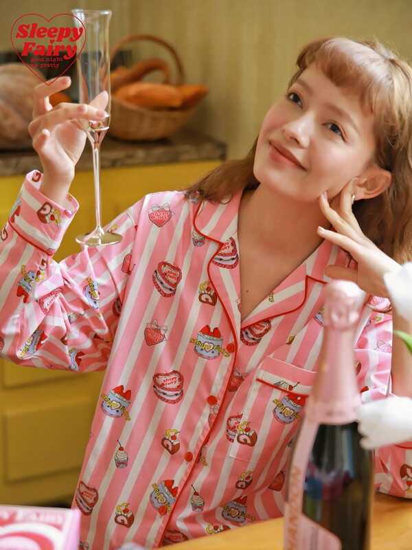 Sleepyfairy Birthday Cake Pink Striped Pure Cotton Long-Sleeved Pajamas Set Can Be Worn Outside as Home Clothes for Women
