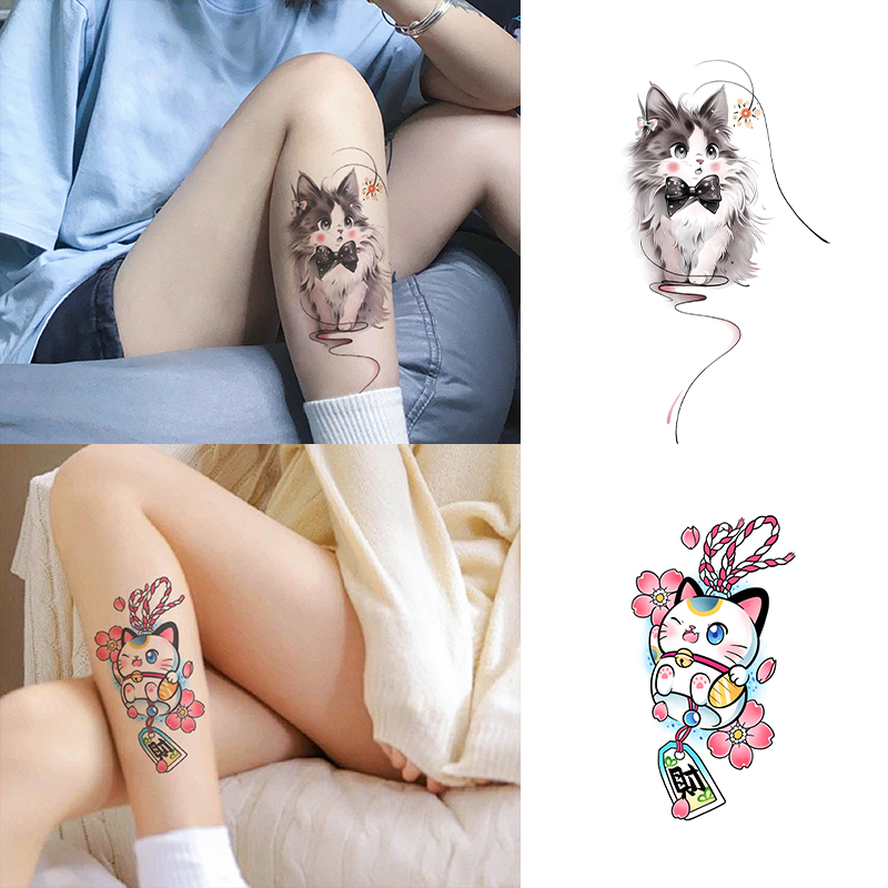 Sweet, Cool, Romantic Student Calf Large Pattern Lucky Cat Colorful Tattoo Stickers Waterproof Long-Lasting Disposable Stickers for Girls
